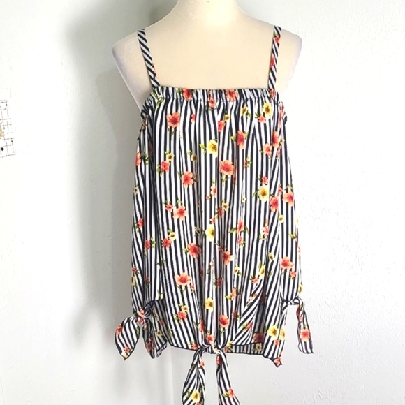 LA Gypsy Floral Striped Off- Shoulder Top with Tie at Waist & Sleeves, Size 3X - Picture 1 of 14